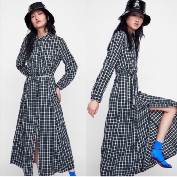 NWT Zara Green Plaid midi Button Shirt Dress - Picture 2 of 4